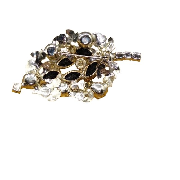 Juliana Style Jet Black Crystal Brooch, Grapes Cluster with Silver Tone Leaves - Picture 4 of 4